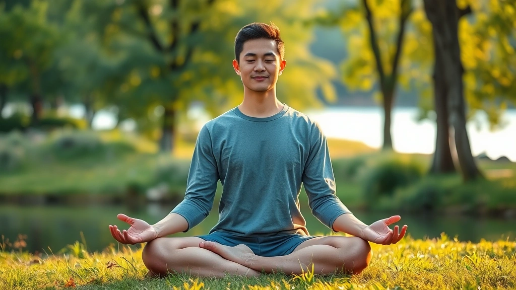 Person meditating outdoors in natural setting with trees and greenery, sitting comfortably on grass or near water, serene facial expression, morning or golden hour light, peaceful body language, photorealistic, tranquil environment
