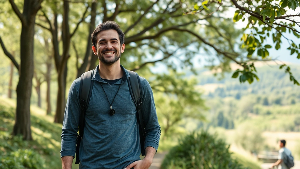 Individual taking a walk through nature with trees and natural landscape, relaxed posture, genuine smile or peaceful expression, daylight natural setting, no urban elements, showing genuine enjoyment and mental clarity, photorealistic
