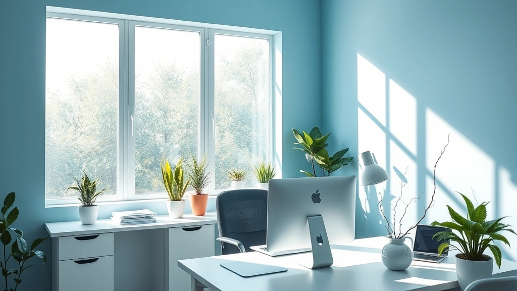 Serene workspace with soft blue walls, natural daylight streaming through large windows, person at desk with focused expression, minimalist desk setup with plants, photorealistic, calm professional environment