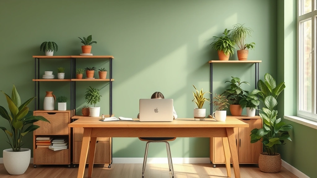 Biophilic workspace featuring sage green accent wall, natural wood desk, potted plants on shelves, soft natural lighting, person working peacefully, photorealistic, nature-inspired productivity space