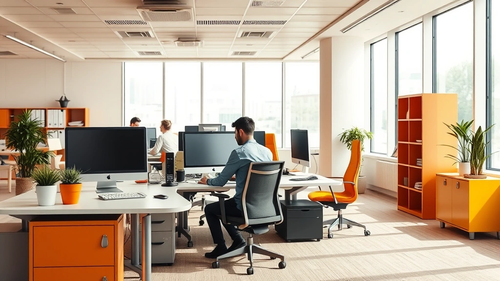 Modern office area with warm neutral tones, strategic color accents in orange and soft yellow, ergonomic setup, person concentrating on work, natural and artificial lighting balance, photorealistic productivity environment