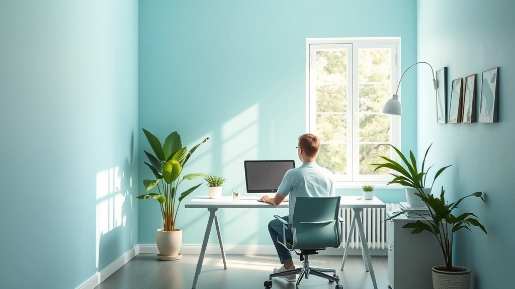 Serene workspace with soft blue and green walls, natural light streaming through window, minimal desk with potted plant, person sitting peacefully focused on work, calm atmosphere