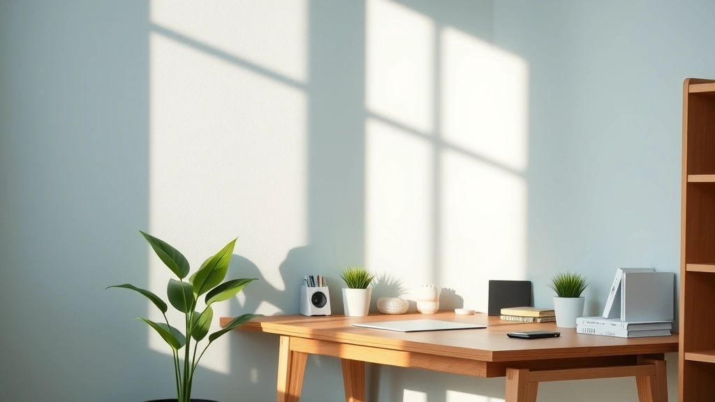 Close-up of peaceful home office corner featuring light blue painted wall, green potted plant, wooden desk with organized minimal items, warm natural sunlight creating soft shadows