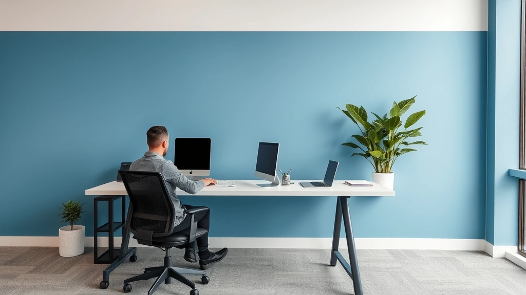 Modern workspace showing color-coordinated environment with soft gray base, blue accent wall, green plant, person working intently with relaxed posture, professional yet calming aesthetic