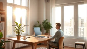 Serene home office with soft natural light streaming through large windows, minimalist wooden desk, single potted green plant, calm neutral color palette, person sitting peacefully working, warm afternoon glow, focused expression, organized workspace with clear surfaces