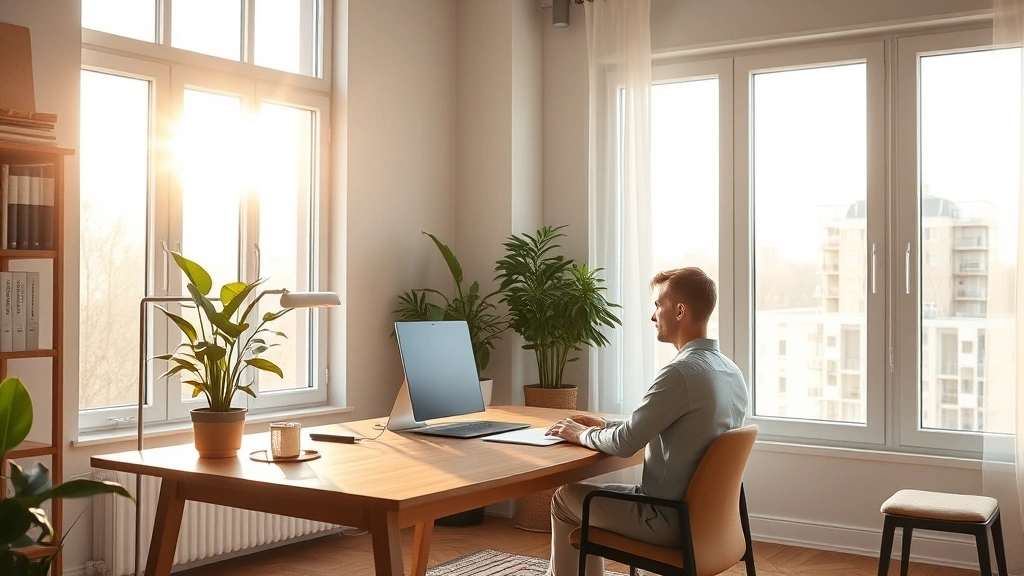 Serene home office with soft natural light streaming through large windows, minimalist wooden desk, single potted green plant, calm neutral color palette, person sitting peacefully working, warm afternoon glow, focused expression, organized workspace with clear surfaces