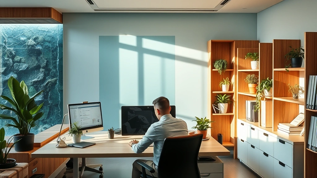Contemporary workspace with nature integration, water feature visible, soft blue-green accent wall, natural wood elements, dimmable warm lighting, potted plants on shelves, organized storage, person concentrating calmly, professional yet tranquil environment, afternoon natural light
