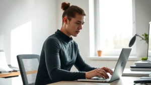 Professional person in minimalist workspace wearing performance athletic wear, focused on laptop work, natural window lighting, organized desk, calm and concentrated expression, no screens visible with text