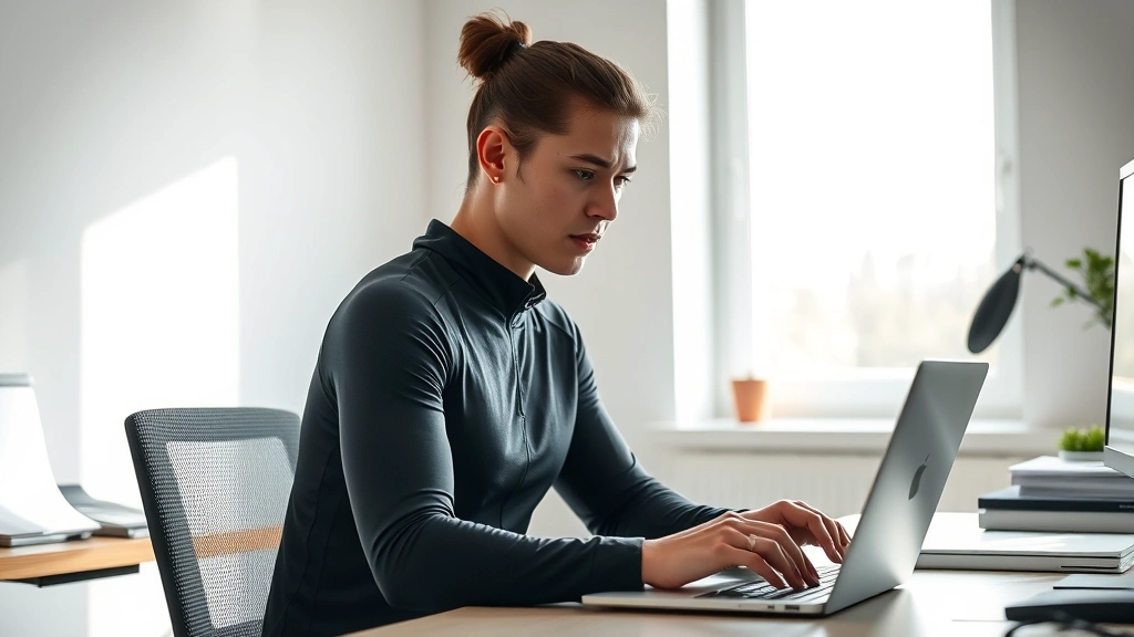 Professional person in minimalist workspace wearing performance athletic wear, focused on laptop work, natural window lighting, organized desk, calm and concentrated expression, no screens visible with text
