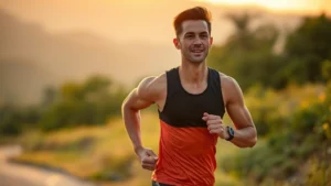 Athletic person in performance gear running outdoors during sunrise, focused expression, morning light, natural background, photorealistic, showing confidence and determination