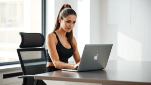 Professional woman in premium athletic wear sitting at modern desk with laptop, focused expression, natural lighting through window, minimalist workspace background, relaxed confident posture