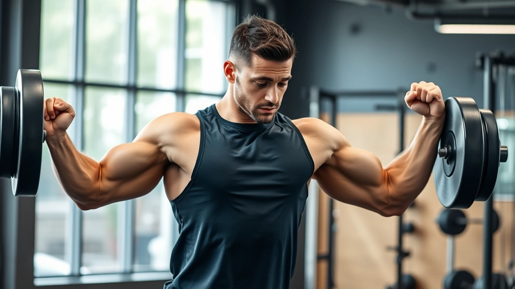 Individual in gym wearing high-performance athletic clothing performing strength training with perfect form, concentrated expression, modern gym setting, natural lighting, photorealistic