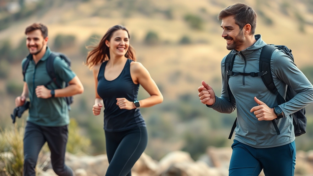 Active professional in performance apparel taking walking break outdoors, energized movement, natural landscape background, demonstrating physical wellness supporting mental focus