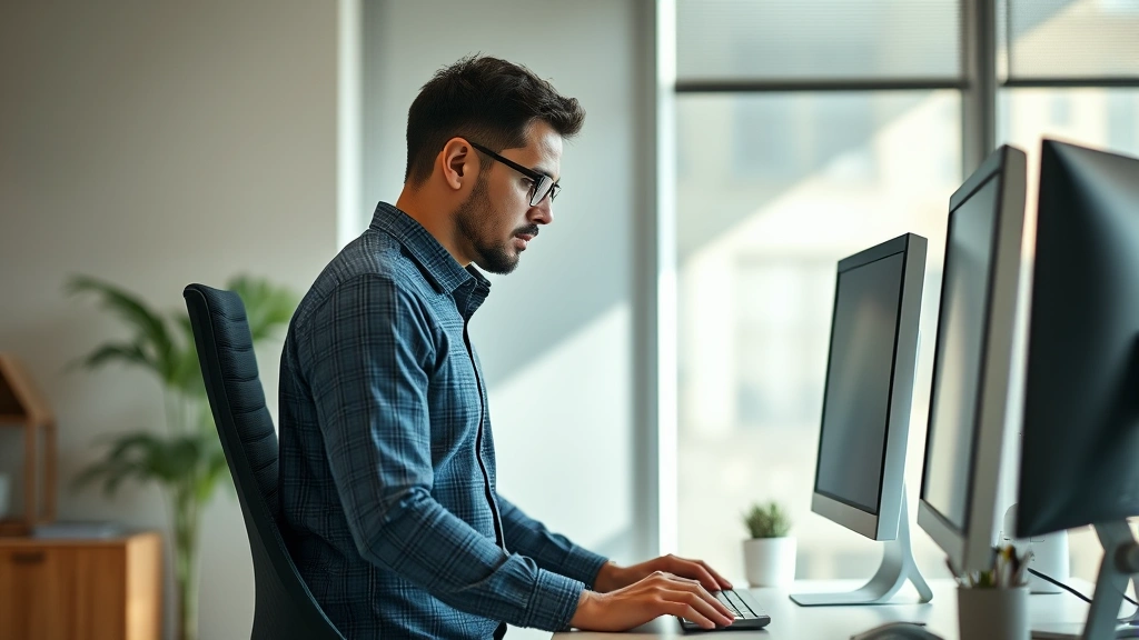 Man in performance wear during focused work session at standing desk, concentrating on computer screen, ergonomic posture, calm professional environment, morning natural light