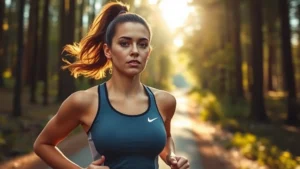 Athletic woman jogging through sunlit forest path, focused expression, morning light, professional activewear, motion blur background, determined concentration on face