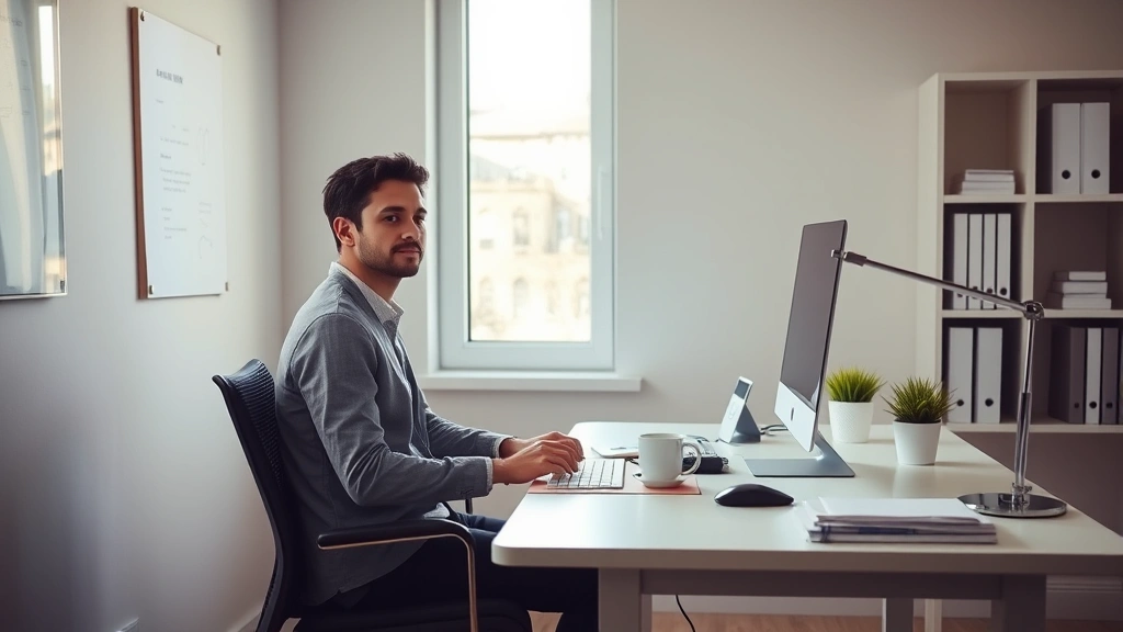 Professional workspace with minimalist desk, single focused task, natural window light, neutral colors, no visible distractions, person sitting in ergonomic posture, coffee cup, peaceful expression, morning sunlight, clean organized environment