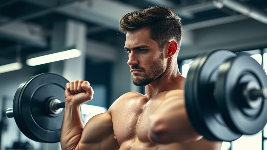 Person in modern gym doing weightlifting with perfect form, intense concentration, sweat visible, strong muscular physique, professional lighting, motion captured mid-lift