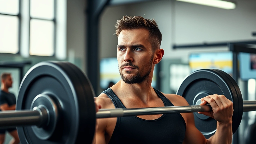 Individual doing strength training with proper form in bright gym environment, concentrated facial expression, natural lighting, mid-lift moment, professional athletic setting, no mirrors or screens showing