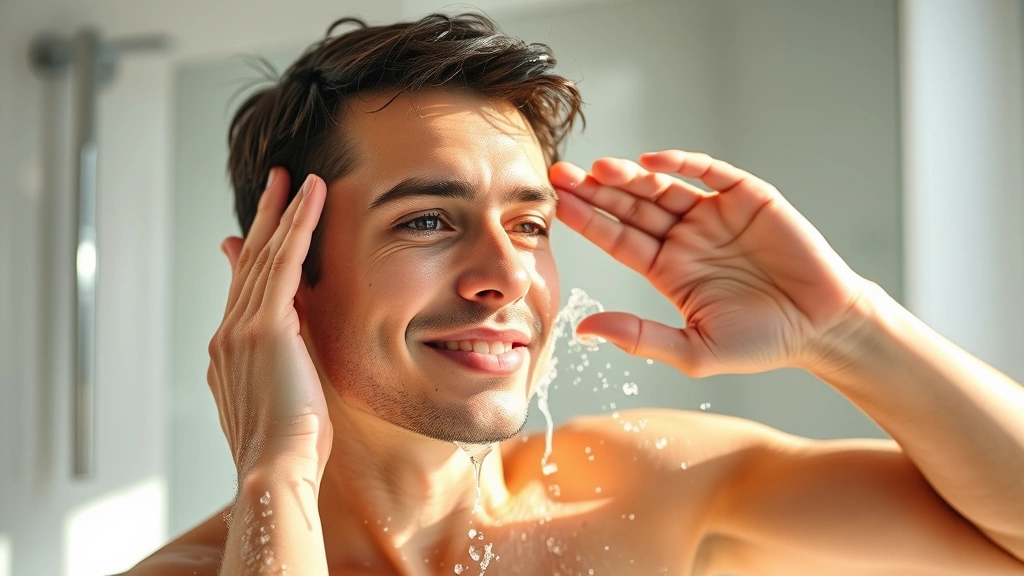 Person doing cold water face splash in modern bathroom, refreshed expression, water droplets, bright lighting, energized body language, morning routine, invigorated appearance, clean modern bathroom setting, natural light, focused determination