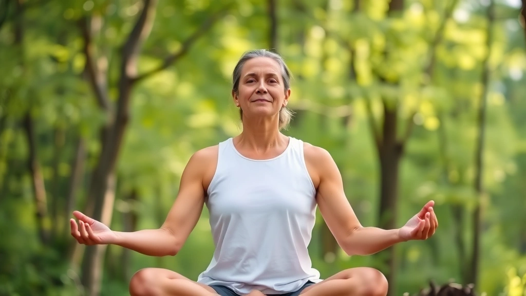 Person meditating or practicing breathing exercises outdoors in nature, peaceful expression, sitting posture, green natural background, soft natural lighting, calm atmosphere, serene environment, mindful moment, forest or park setting, centered and focused