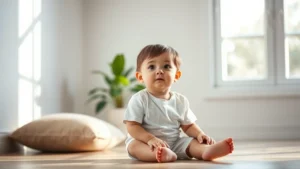 Child sitting peacefully in bright, minimalist room with natural light streaming through window, focused expression, comfortable cushion, plant in background, serene concentration, photorealistic