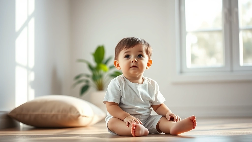 Child sitting peacefully in bright, minimalist room with natural light streaming through window, focused expression, comfortable cushion, plant in background, serene concentration, photorealistic