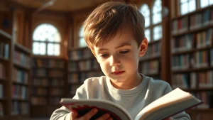 Child in peaceful library setting deeply focused on reading, natural sunlight through windows, calm expression, warm tones, no visible text or clock