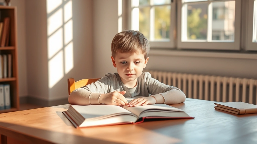 A young child seated at a wooden desk in a sunlit room, hands resting on an open book with genuine concentration on their face, warm natural light streaming through large windows creating soft shadows, minimalist desk setup with only essential items, calm peaceful atmosphere