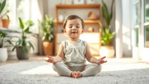 Young child sitting peacefully in lotus position on soft carpet in natural sunlight-filled room, eyes gently closed, calm expression, surrounded by plants and natural elements, photorealistic