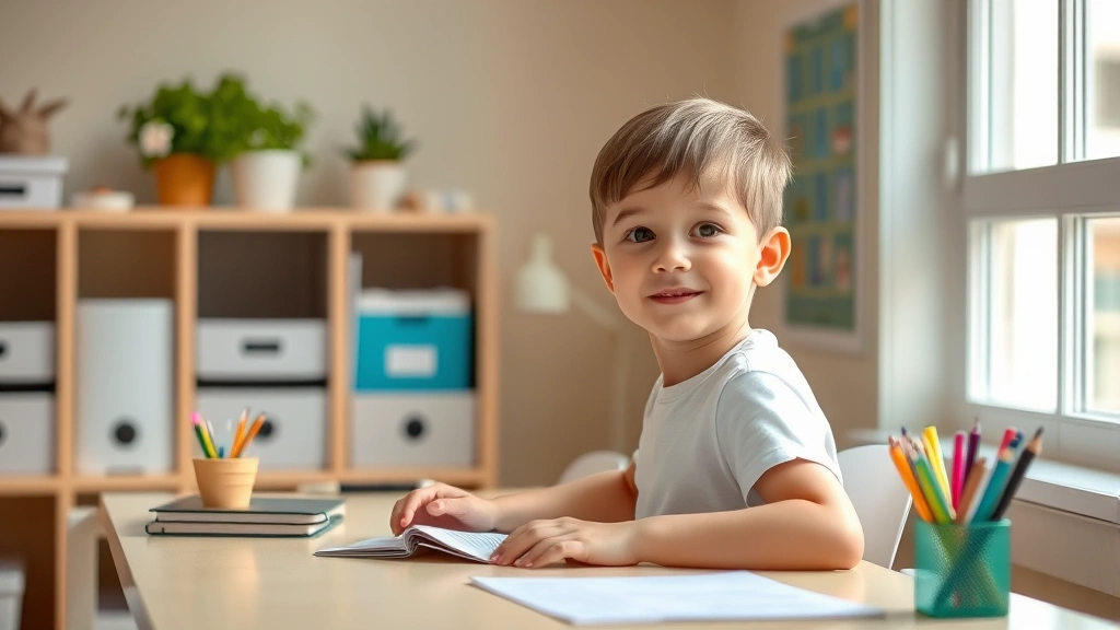 Child sitting at desk with clean, organized workspace, soft natural lighting through window, calm expression, no screens visible, warm color palette, peaceful study environment