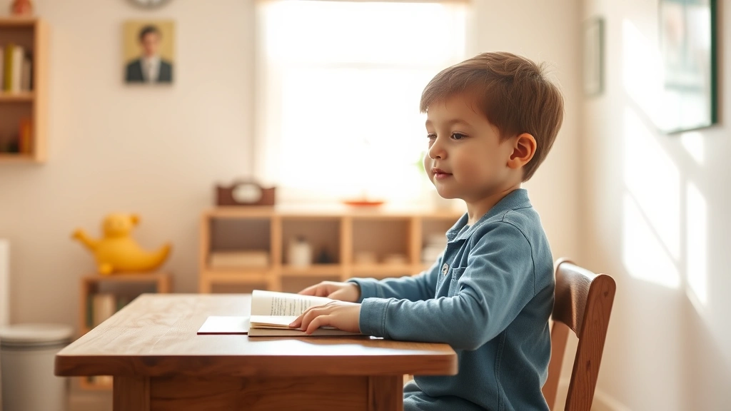 Child sitting at wooden desk in bright, naturally lit room with minimal distractions, looking thoughtfully at an open book with peaceful expression, soft morning light streaming through window, warm neutral tones, calm focused atmosphere