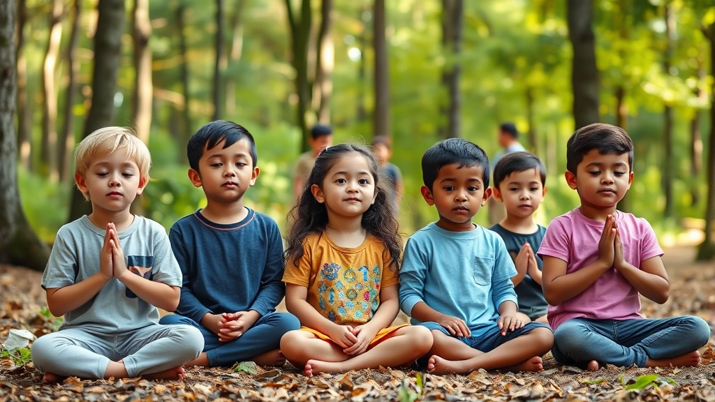 Group of diverse children engaged in mindfulness activity outdoors in nature setting, calm posture, forest background, natural lighting, peaceful atmosphere, no text visible, photorealistic