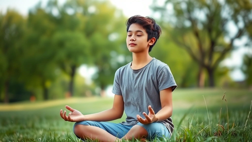Adolescent meditating outdoors in nature, sitting peacefully on grass, trees and sky in soft focus background, serene facial expression, morning light