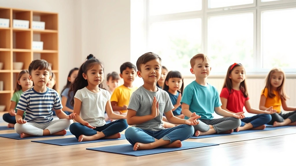Diverse group of elementary school children sitting together in peaceful meditation posture during mindfulness session in bright classroom, natural window light, focused expressions, photorealistic