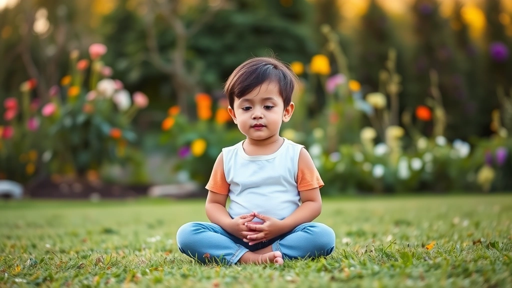 Young child practicing mindfulness meditation outdoors in garden, sitting peacefully on grass, nature background with flowers, serene expression, golden hour lighting, no props or text