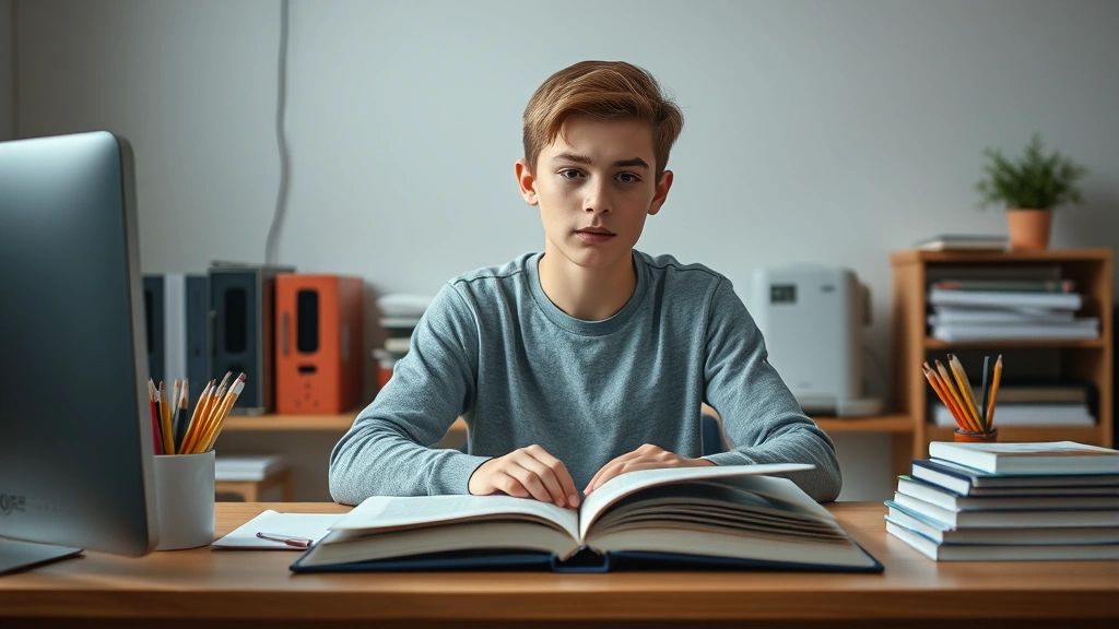 Young student at desk with organized workspace, open book, calm focused expression, clean environment with soft lighting, wooden desk, minimal distractions, contemplative mood, photorealistic
