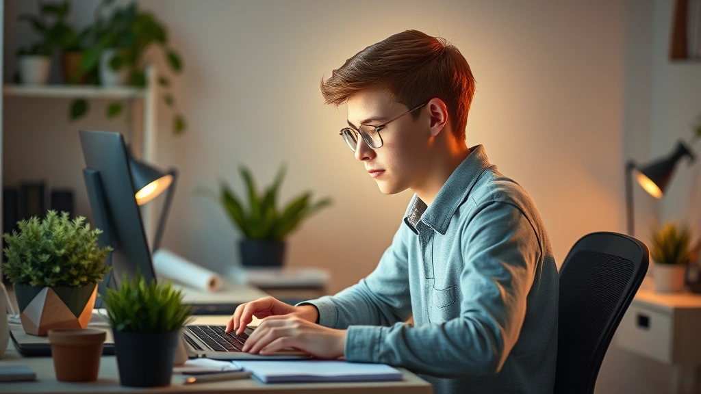 Young person working at desk with clear mind visible through soft glowing aura effect, organized workspace, plants nearby, concentrated but relaxed posture, warm lighting