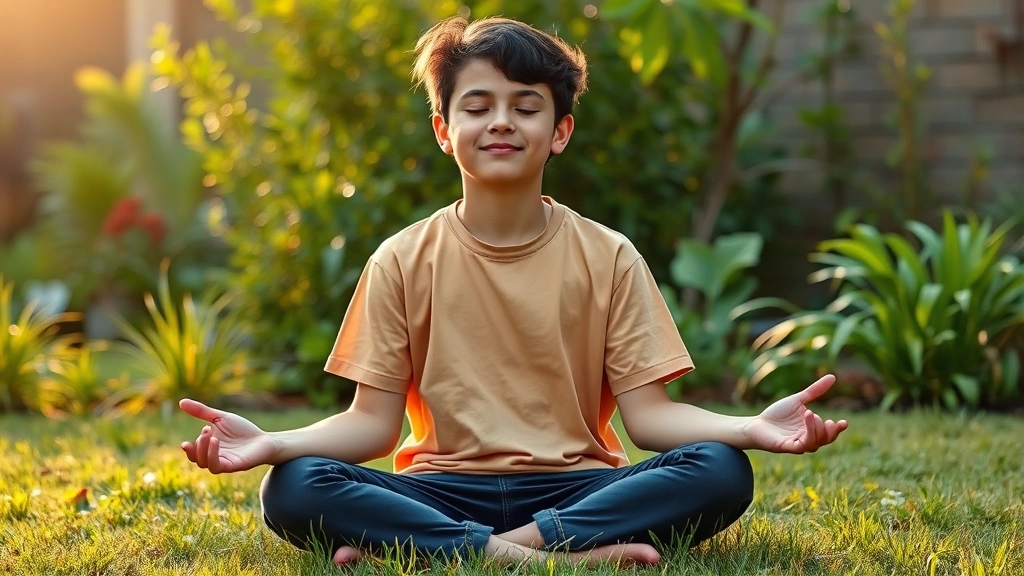 A teenager doing meditation or mindfulness practice outdoors in a garden setting, peaceful expression with eyes gently closed, sitting cross-legged on grass, green plants and natural elements surrounding, morning or golden hour light, serene and calm mood