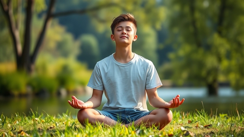 Teenager meditating outdoors in nature setting with eyes closed, seated on grass near trees and water, serene expression, natural daylight, photorealistic