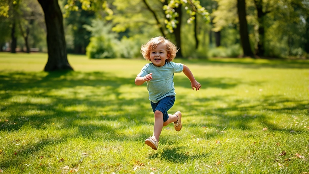 Active child running or playing outdoors in natural setting, laughing joyfully, green grass and trees, bright daylight, healthy physical activity, dynamic movement captured, no equipment with text