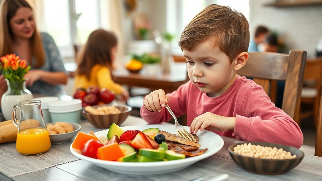 Child eating a nutritious breakfast with fresh fruits, whole grains, and protein at a family dining table, wholesome food displayed, healthy meal preparation, natural lighting, family connection during meal time