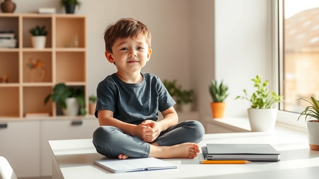 Child sitting cross-legged in bright, minimalist workspace with natural light streaming through window, peaceful expression, notebook and pencil on clean desk, plants visible, warm daylight, serene concentration