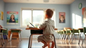 Child sitting with perfect upright posture at desk, relaxed shoulders, feet flat on floor, concentrating intently on schoolwork, bright classroom lighting, natural window light, photorealistic