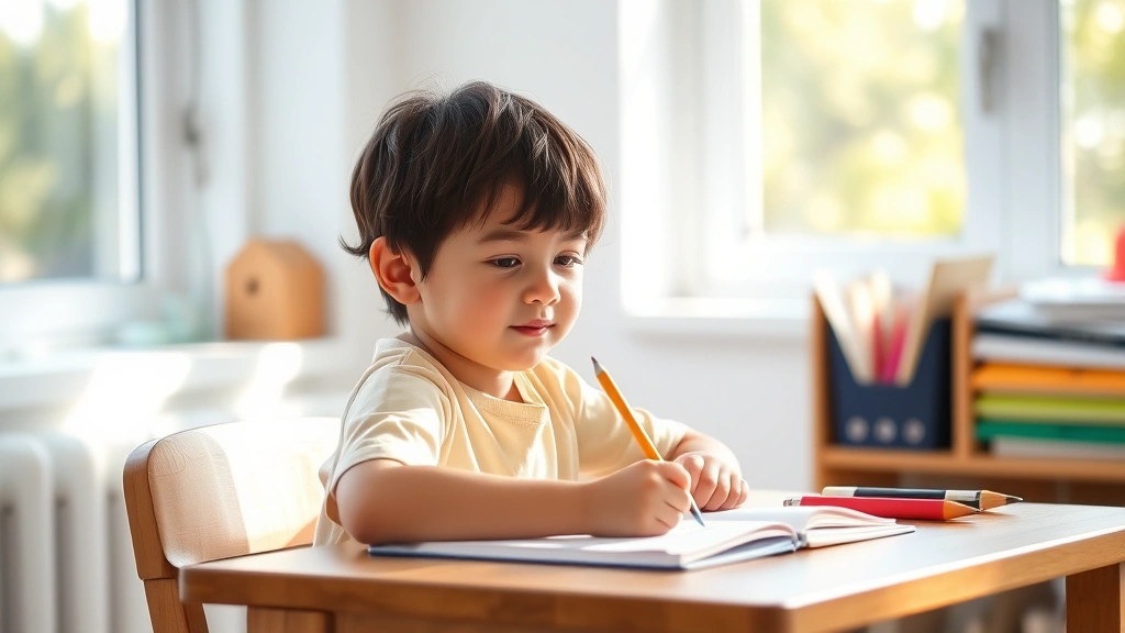 Child sitting at wooden desk in bright natural light, focused on schoolwork with pencil in hand, peaceful concentration expression, clean organized workspace, morning sunlight streaming through window, calm study environment