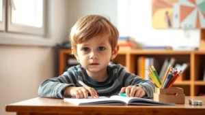 Child sitting at desk with organized study materials, focused expression, natural window lighting, peaceful classroom or home environment, warm neutral tones, close-up on face showing concentration
