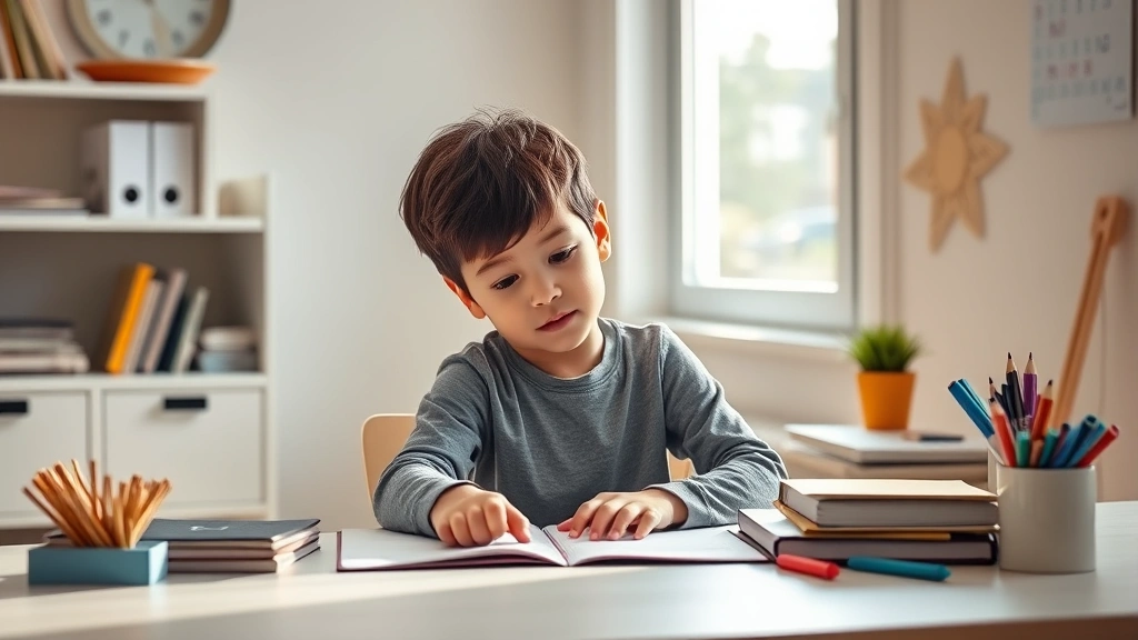 Child sitting at organized desk with natural light, focused on homework, clean minimalist workspace with no distractions, warm inviting study environment, photorealistic