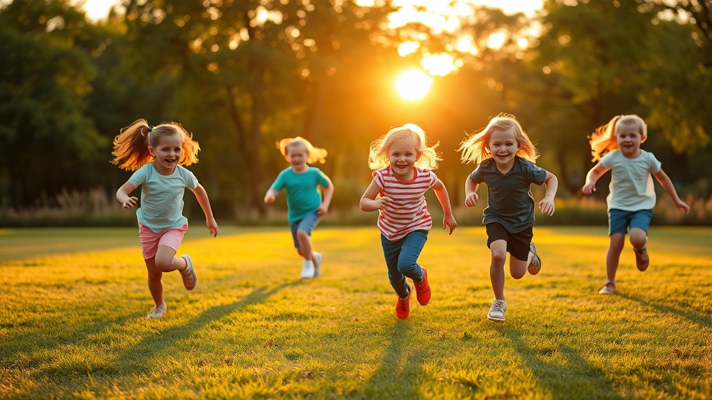 Active children playing outdoors in park during golden hour, running and jumping on grass, engaged physical activity, natural landscape background, healthy movement, joy and vitality