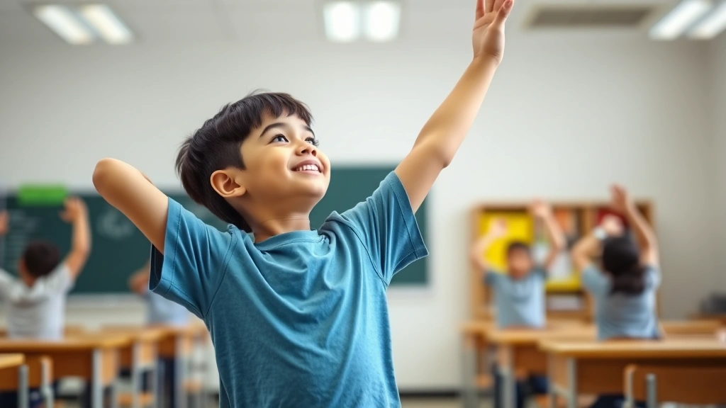 Young student doing stretching exercises during classroom movement break, standing with arms raised toward ceiling, smiling, classroom environment, healthy active child, photorealistic