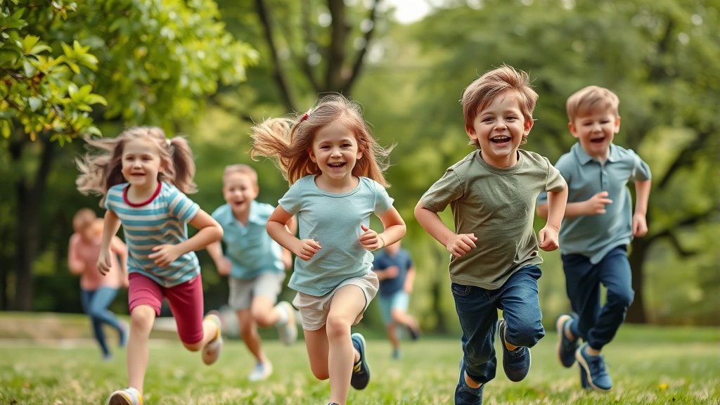 Active children playing outdoors in park, running and laughing, physical movement and exercise, natural green environment, genuine joy and engagement, dynamic movement captured mid-action