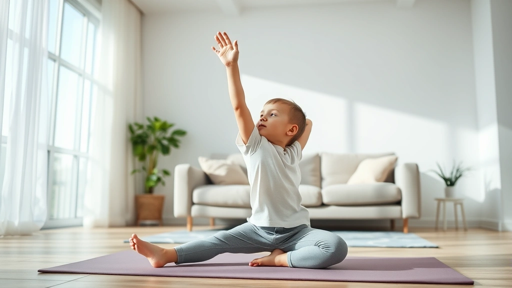 Child doing yoga or stretching in bright living room, peaceful focused expression, natural movement and body awareness, calm home environment, photorealistic